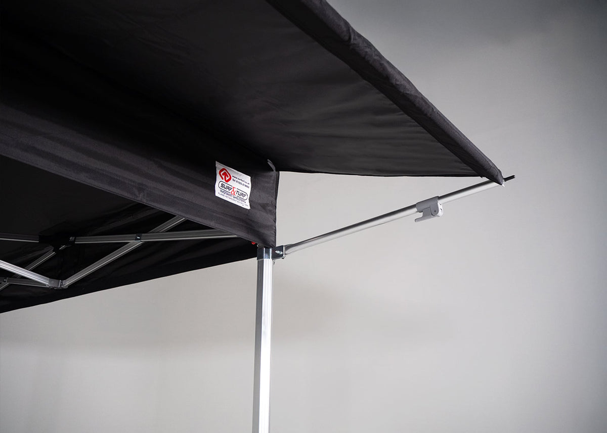 close up photo of a surf & turf instant shelters gazebo with a rain awning attachment