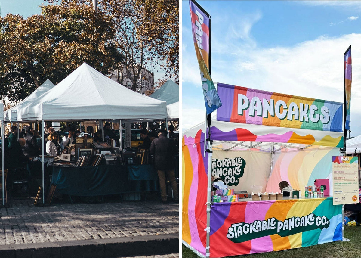 A plain unbranded market stall compared to a fully branded gazebo with promotional accessories.