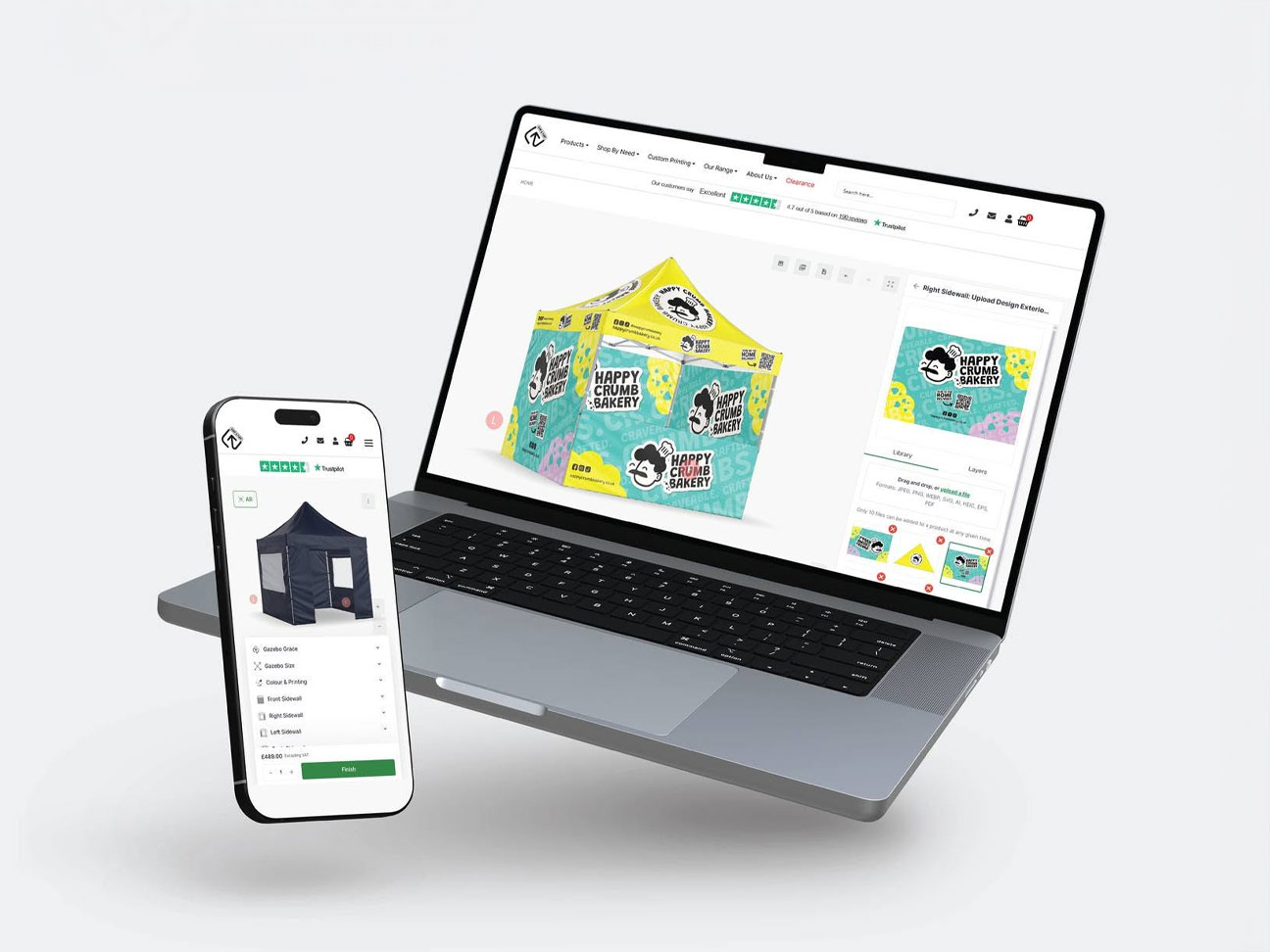 The new Surf and Turf online 3D custom gazebo configurator showing a branded pop-up shelter design interface on desktop and mobile.